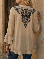 Women's Vintage Printed Casual Ruffle Shirt