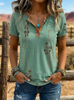 Vintage Print Western Henley Neck T-shirt