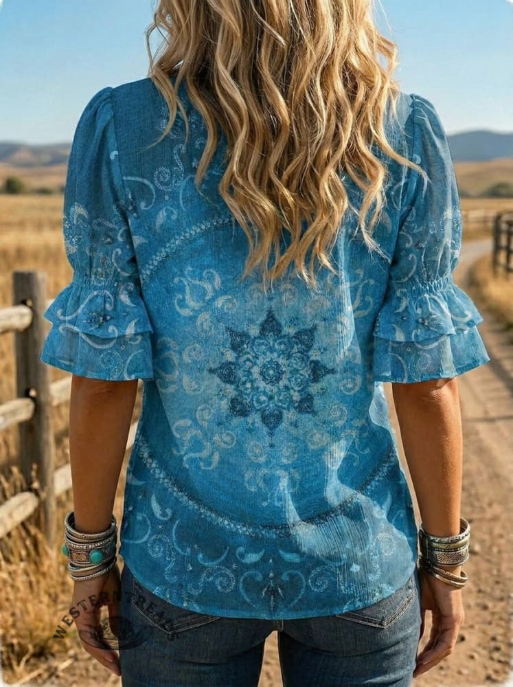 Women's Retro Floral Art Puff Sleeve Casual Shirt