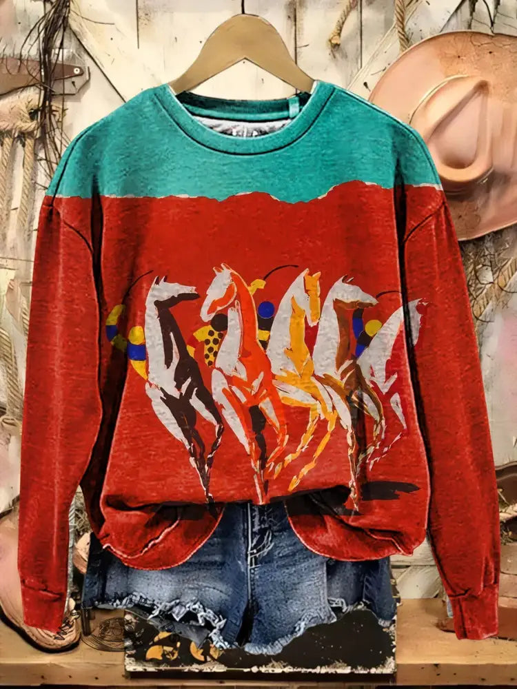 Horse Print Casual Cotton Sweatshirt
