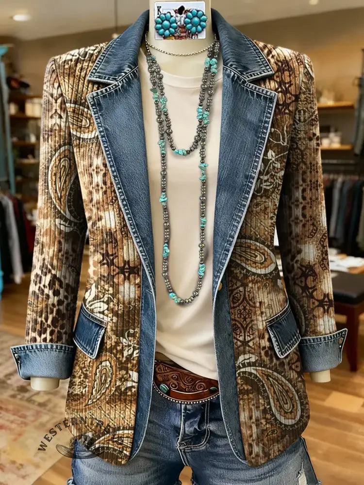 Paisley Art Print Patchwork Denim Sweater Cardigan Coat