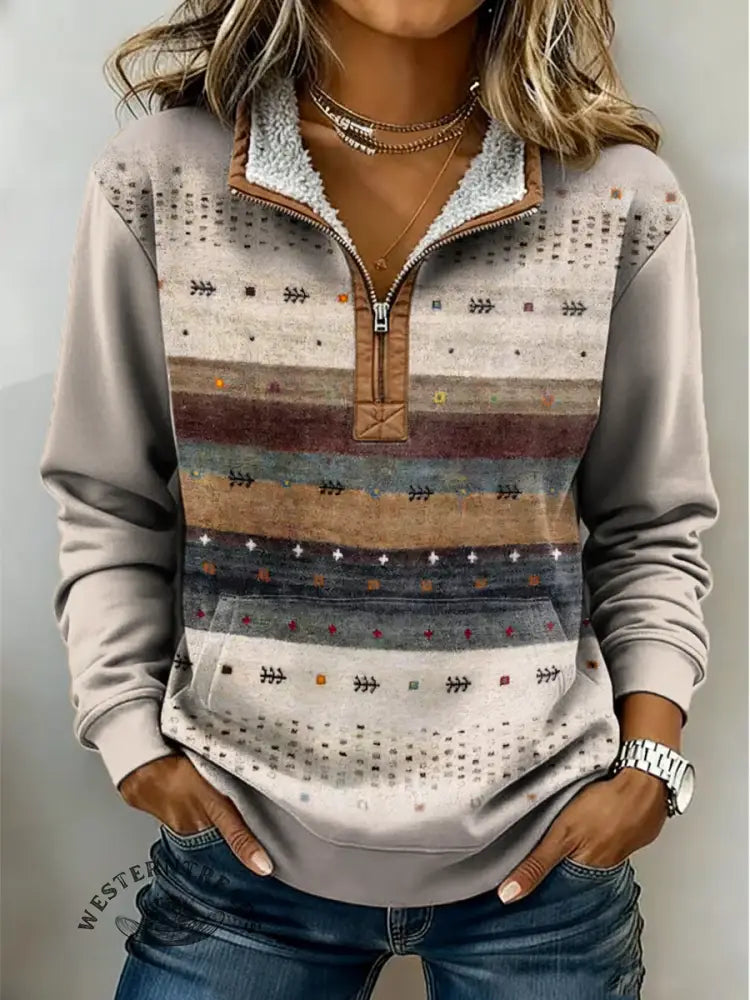 Retro Stripe Art Print Casual Half-Zip Cotton Sweatshirt