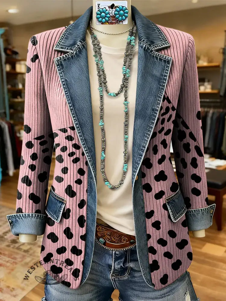 Leopard Print Spots Print Patchwork Denim Sweater Cardigan Coat