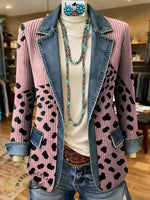 Leopard Print Spots Print Patchwork Denim Sweater Cardigan Coat