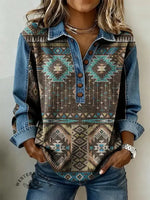 Vintage Aztec Contrast Print Patchwork Denim Knit Pullover Sweater