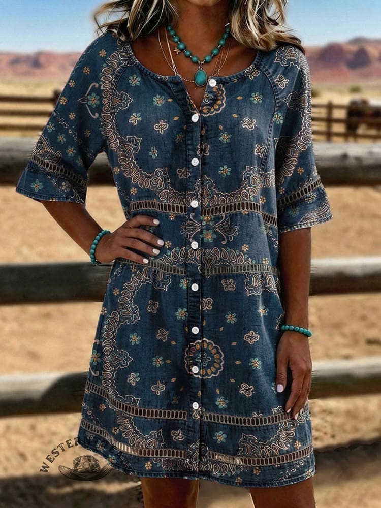 Vintage Floral Print Casual Hollow-Out Denim Dress