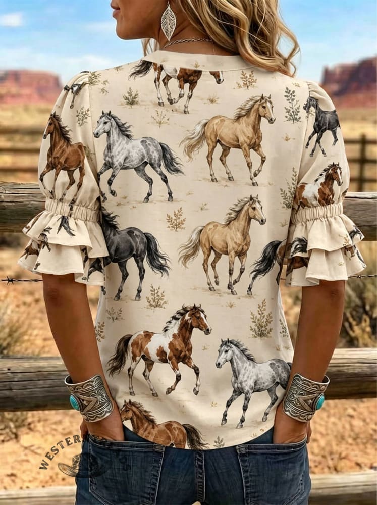 Women's Horse Art Print Puff Sleeve Casual Shirt