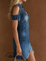 Lapel Collar Zip-up Double-pocket Off-the-shoulder Denim Mini Dress