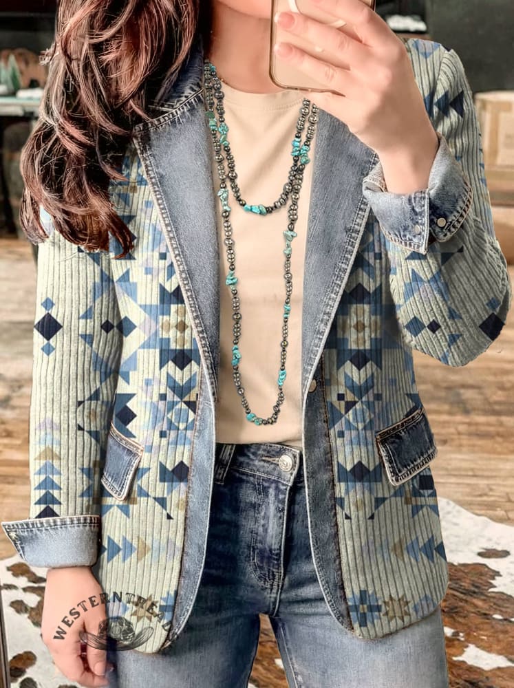 Aztec Print Patchwork Denim Sweater