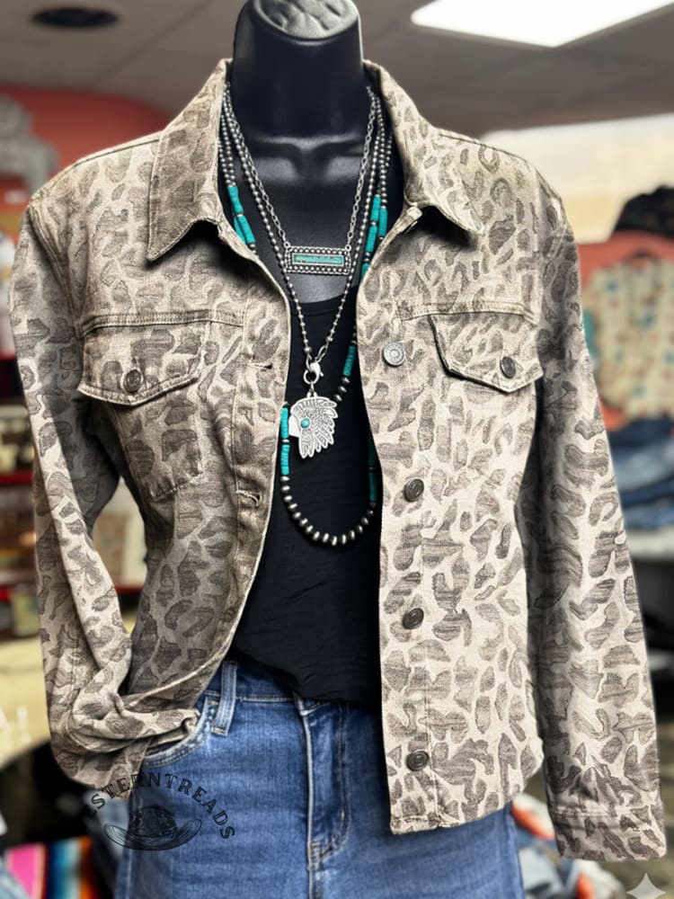 Women's Vintage Leopard Print Casual Denim Jacket