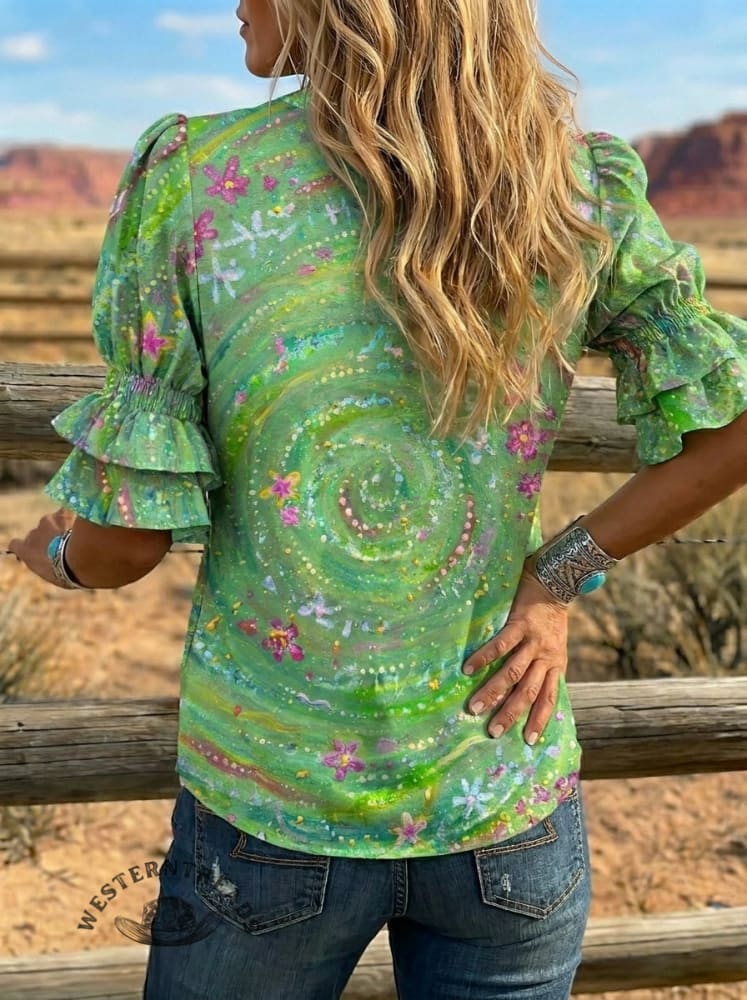 Women's Retro Floral Art Puff Sleeve Casual Shirt