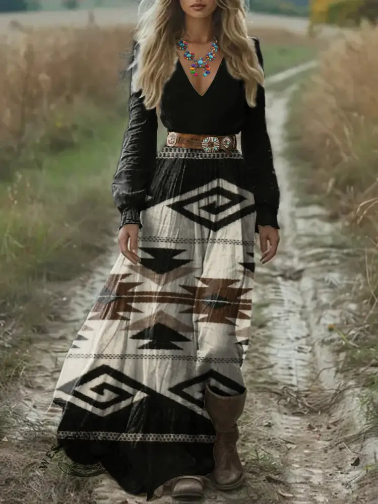 Women's Vintage Art Print Pocket Cotton Dress