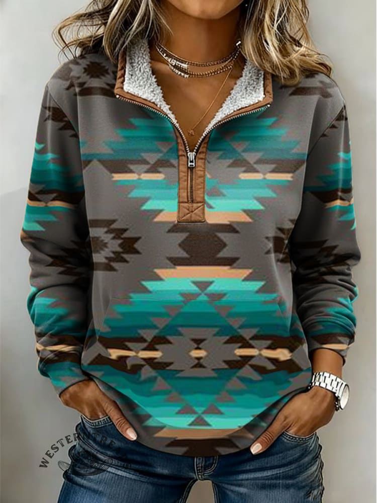 Retro Aztec Print Casual Half-zip Cotton Sweatshirt