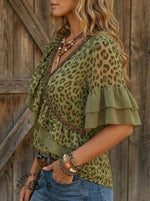 Vintage Leopard Print Casual Patchwork Ruffle Shirt