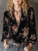 Women's Vintage Flowers Art Print Casual Cotton Shirt