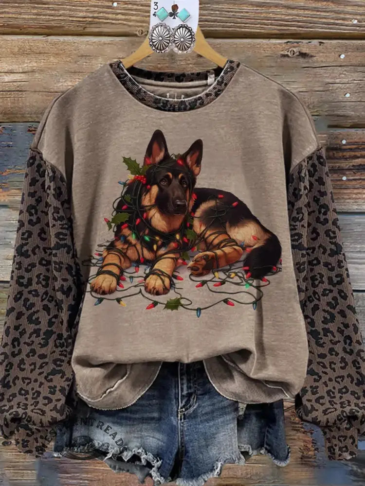 Vintage Contrast Print Leopard Print Dog Christmas Sweatshirt