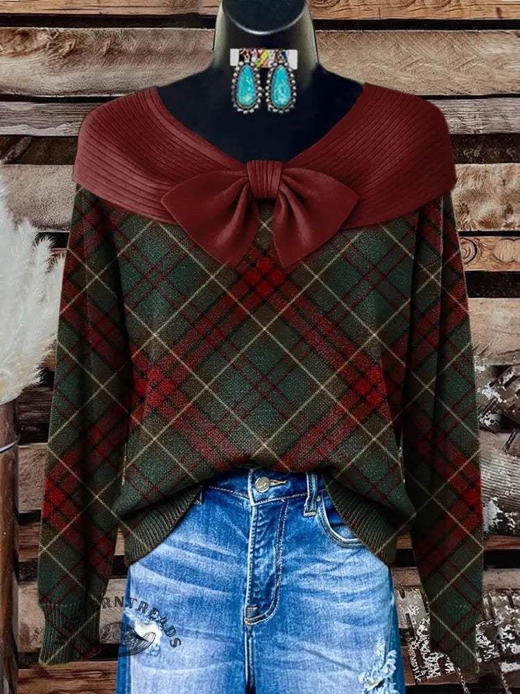 Retro Christmas color plaid Print Button Cardigan