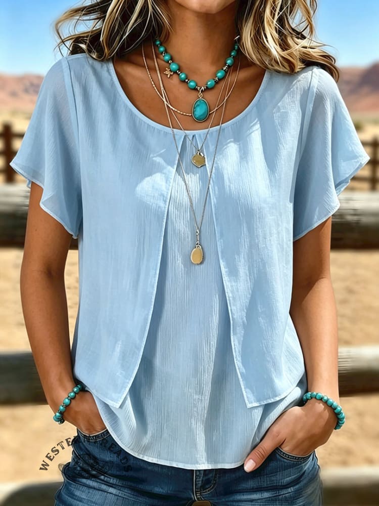 Women's Vintage Fake Two-piece Patchwork Chiffon Casual Shirt