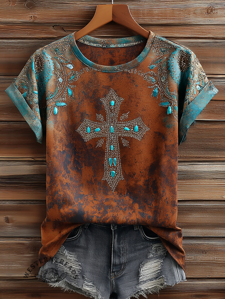 Vintage Western Cross Art Print Casual Short Sleeve T-shirt
