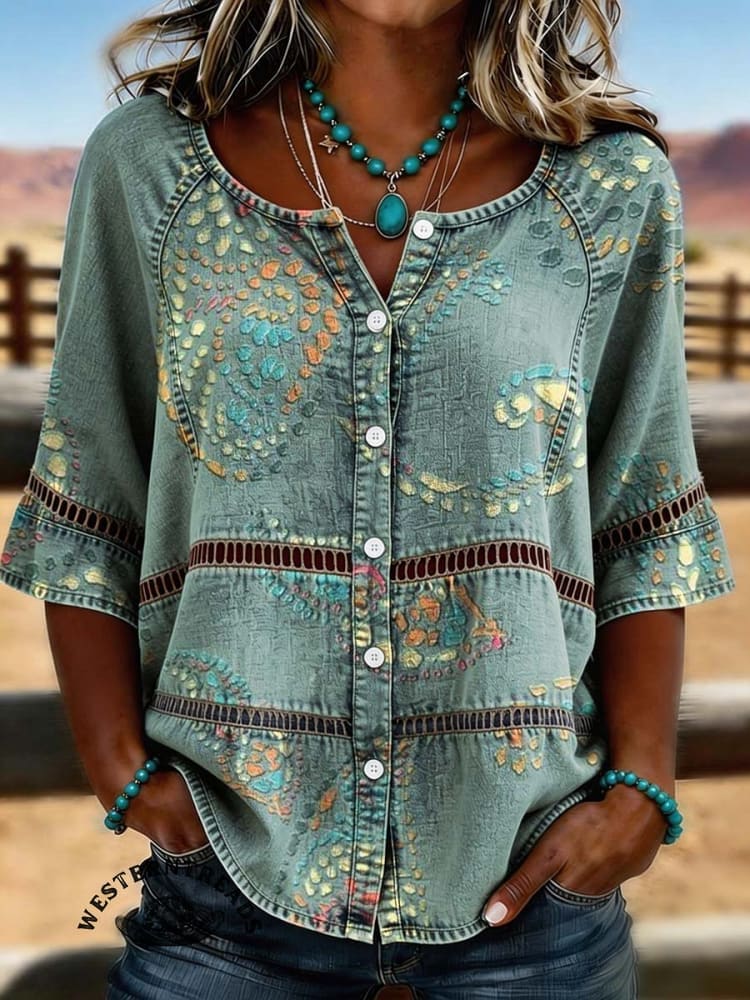 Women's Vintage Print Casual Hollow Denim Shirt