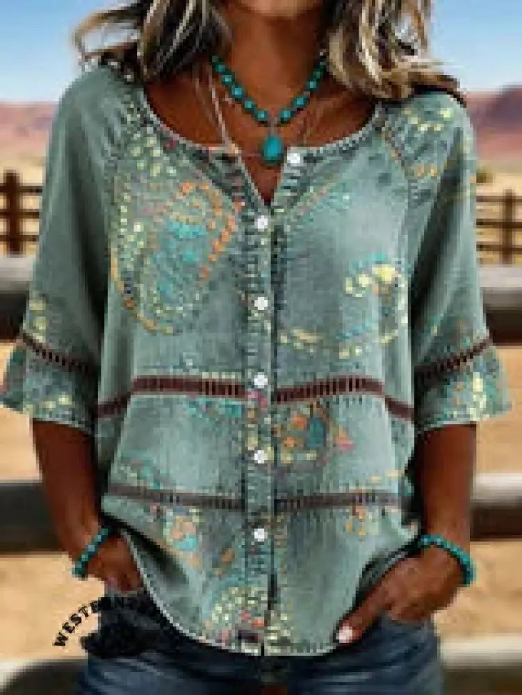 Women's Vintage Print Casual Hollow Denim Shirt