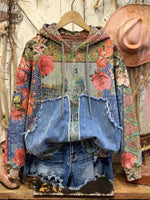 Retro Print Casual Cotton Patchwork Hooded Zip-up Sweatshirt
