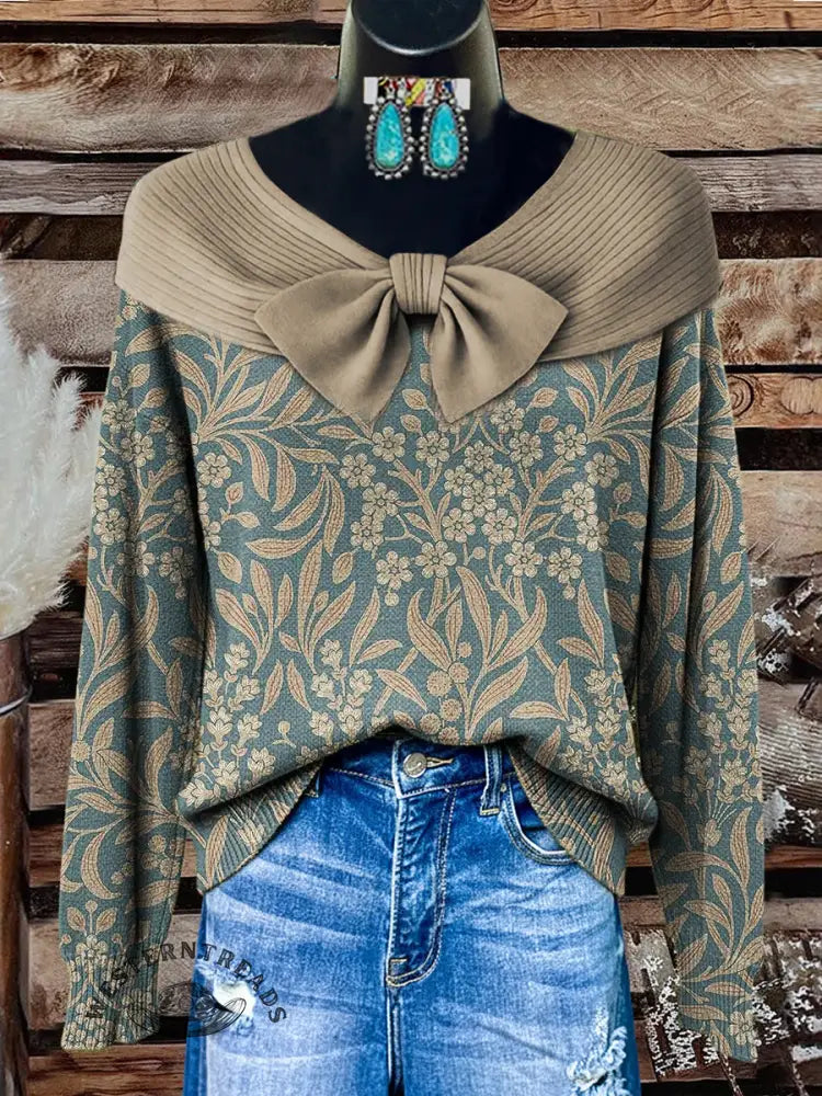 Women's Retro Flower Print Casual Cotton Sweater