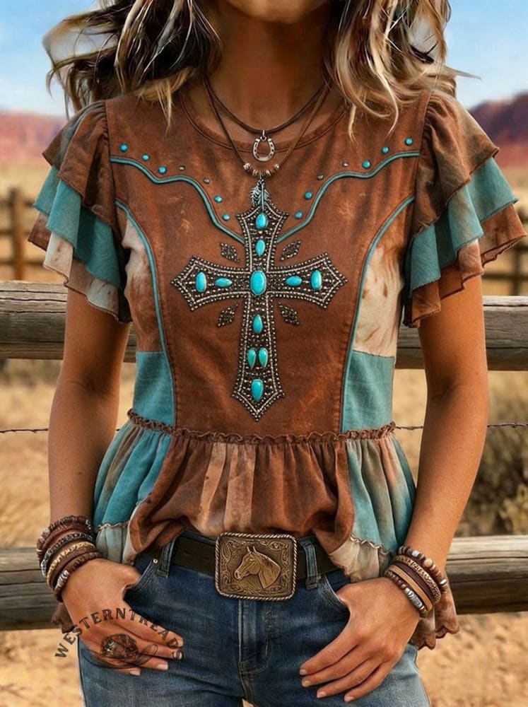 Women's Retro Western Art Print Casual Ruffle Shirt