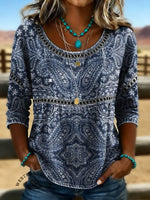 Women's Vintage Paisley Print Casual Hollow Denim Shirt