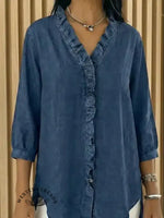 Women's Casual Denim V-Neck Ruffled Shirt
