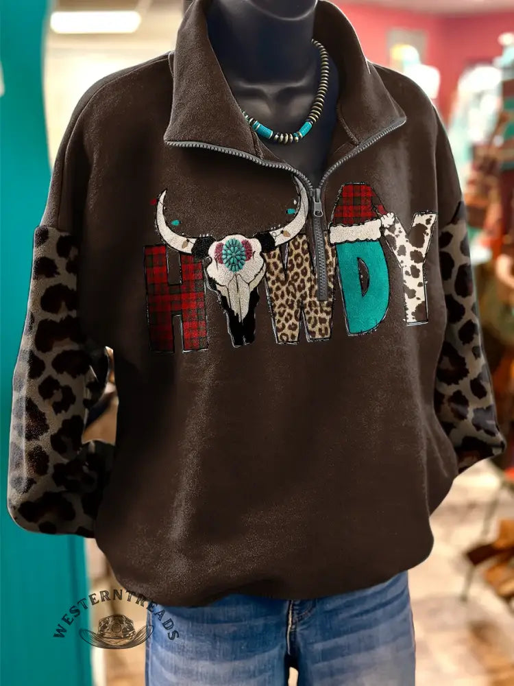 Retro Christmas Howdy Print Casual Cotton Sweatshirt
