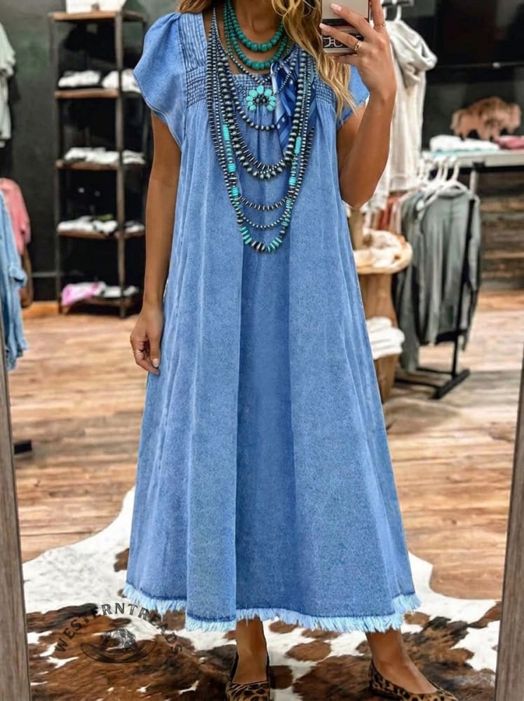 Casual Square Neck Denim Dress