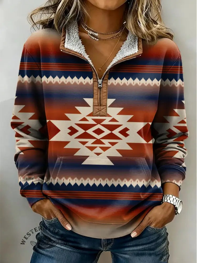 Retro Aztec Print Casual Half-Zip Cotton Sweatshirt