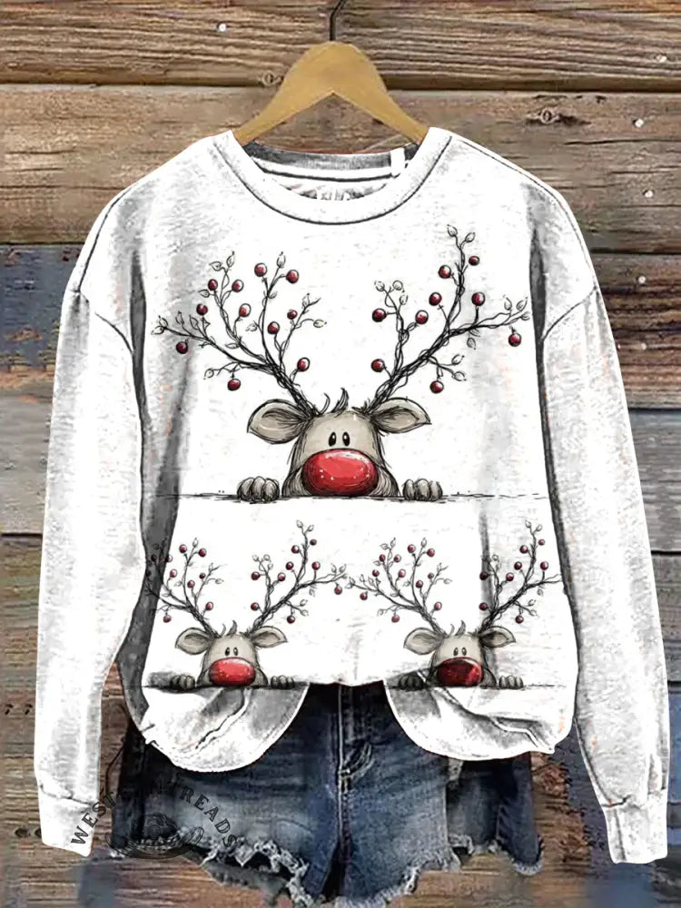 Christmas Elk Print Casual Cotton Sweatshirt