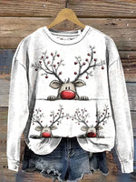 Christmas Elk Print Casual Cotton Sweatshirt