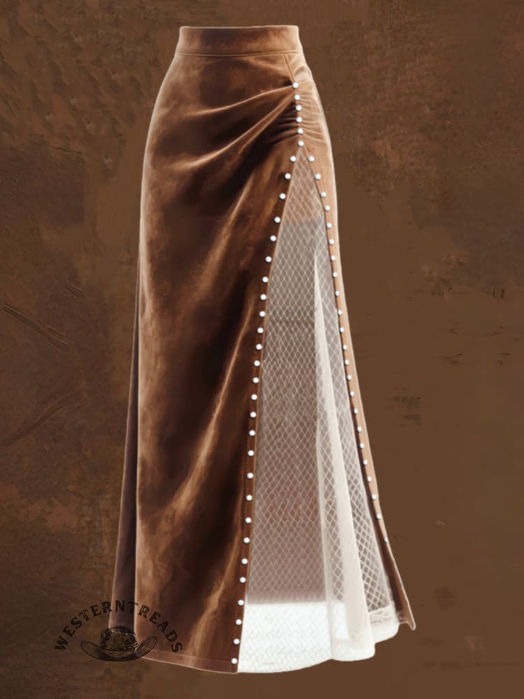 Womens Retro Western Mesh Patchwork Beaded Long Skirt