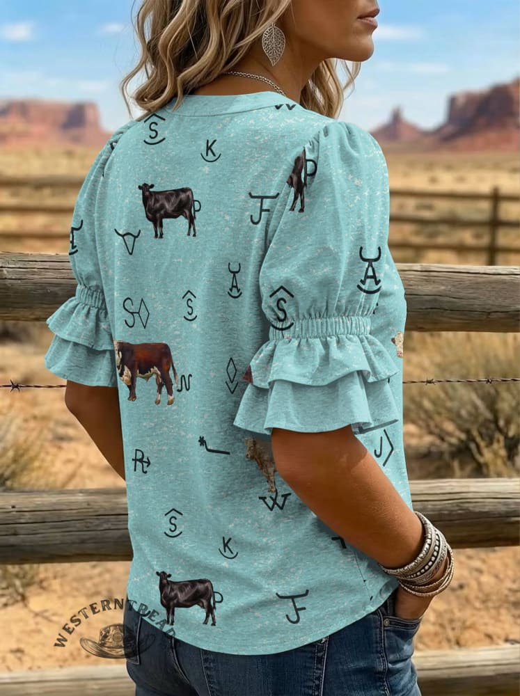 Women's Cow Brand Print Puff Sleeve Casual Shirt