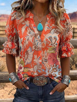 Vintage Art Print Comfortable Summer Fabrics Puff Sleeve Casual Shirt
