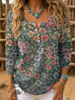 Women's Vintage Art Print Henley Neck Sweater Top