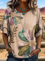 Women's Vintage Art Print Short Sleeve Shirt With Ruffled Sleeves