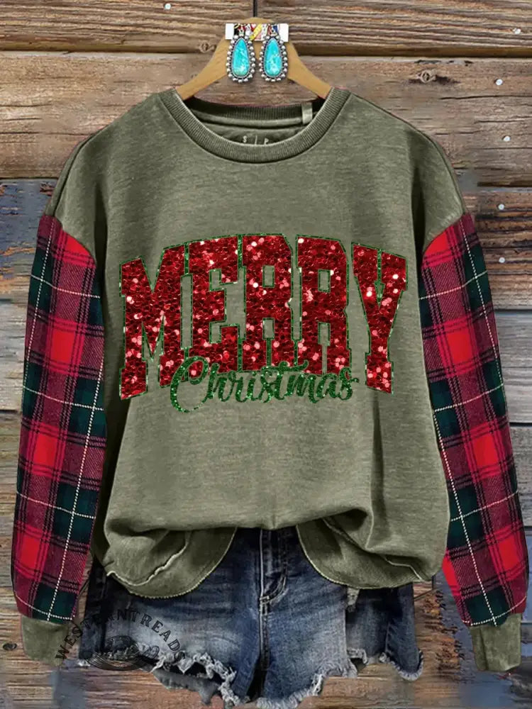 Vintage Contrast Plaid Print Christmas Sweatshirt