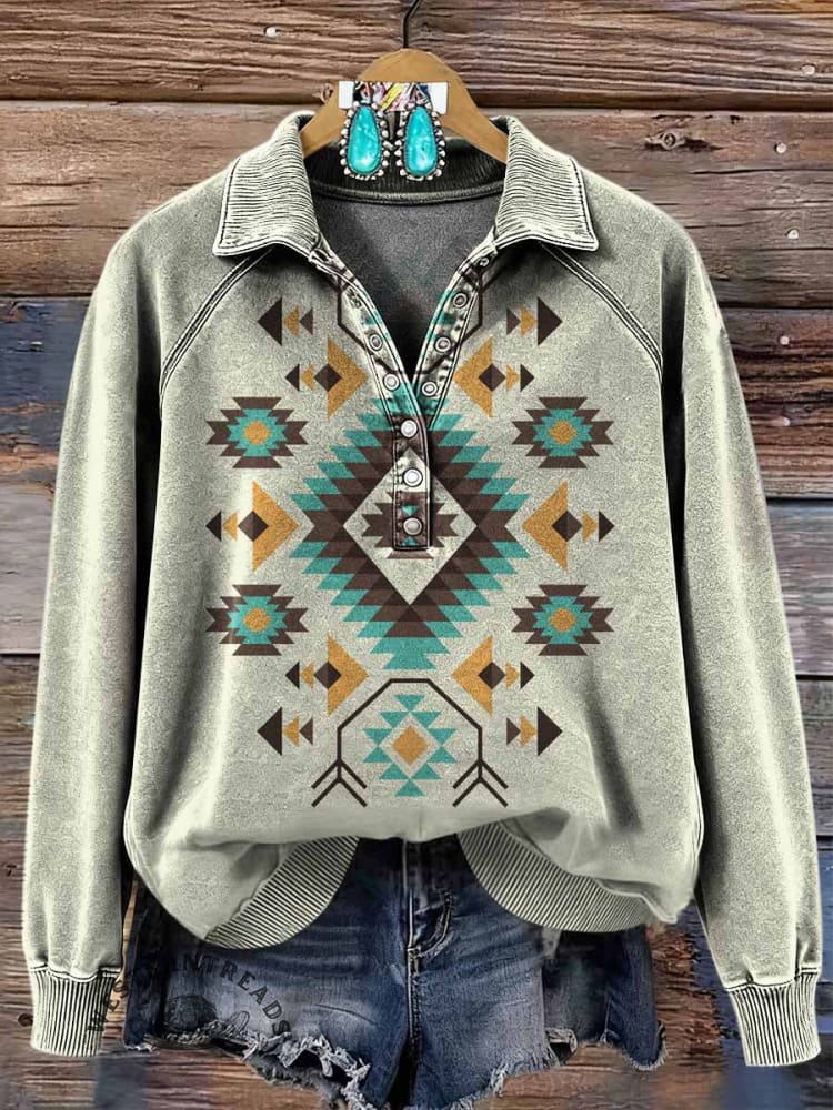 Vintage Aztec Art Print Casual Sweatshirt