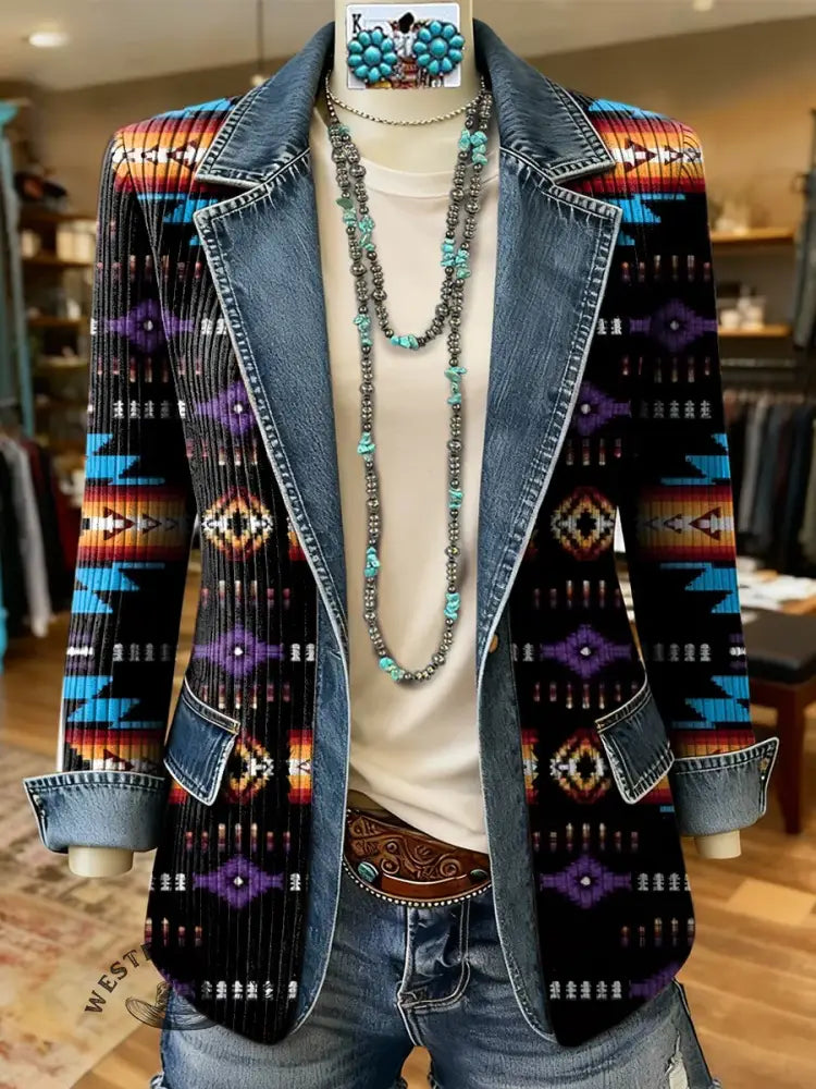 Retro Aztec Print Patchwork Denim Sweater Cardigan Coat