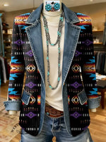 Retro Aztec Print Patchwork Denim Sweater Cardigan Coat