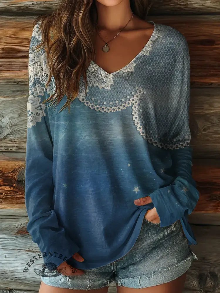 100% CottonšRetro Floral Print Casaul V-collar Long Sleeve Tee