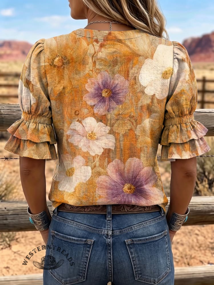 Women's Vintage Art Puff Sleeve Casual Shirt