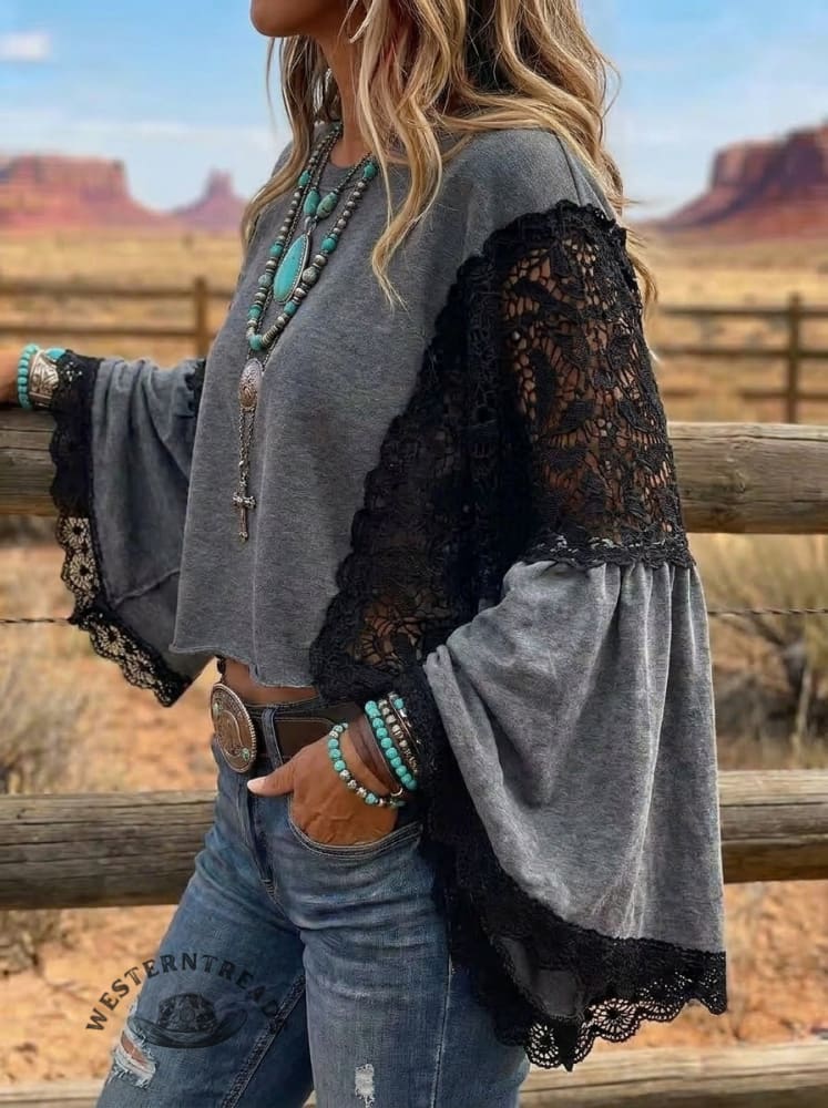 Women's Boho Western Lace Patchwork Top