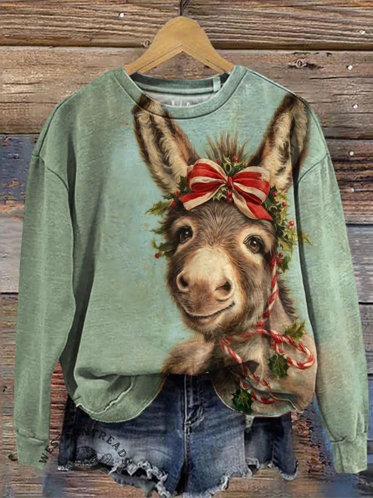 Retro Christmas Donkey Casual Cotton Sweatshirt