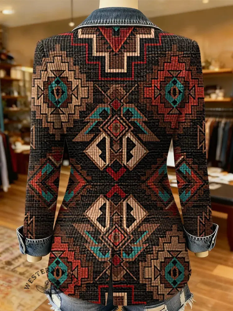 Aztec Art Print Patchwork Denim Sweater Cardigan Coat