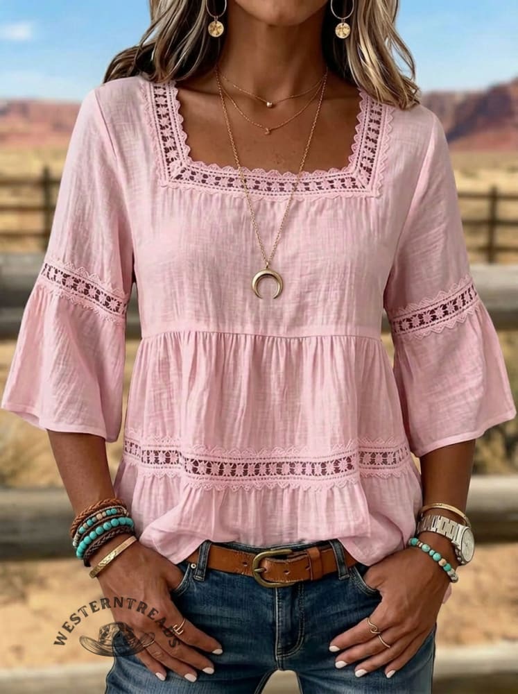 Women's Hollow Spliced Casual 3/4 Sleeve Shirt